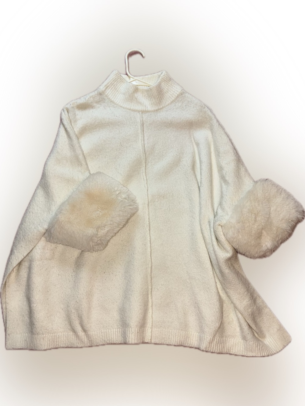 Saks Fifth Avenue Cream Mock Neck Poncho Sweater with Faux Fur Cuffs